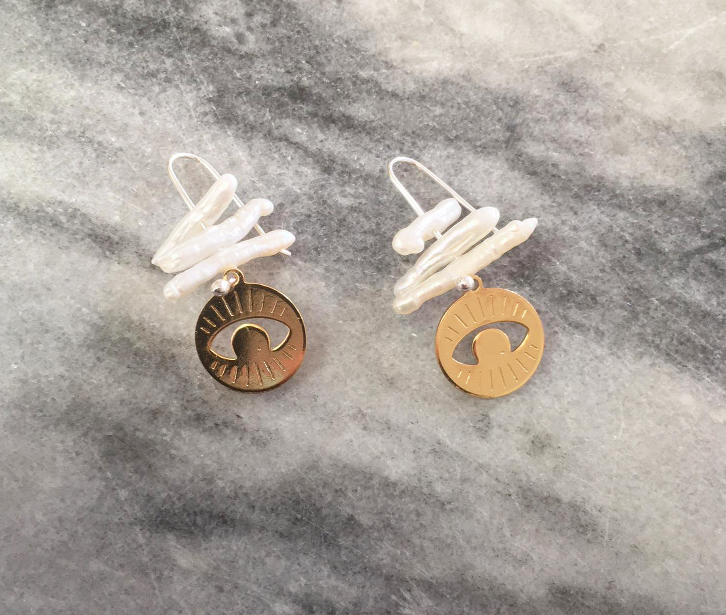 Lera earrings, brass, pearl and silver hooks
