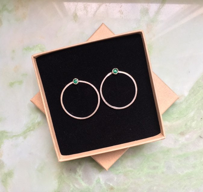 Large sterling silver circle earrings, Malachite