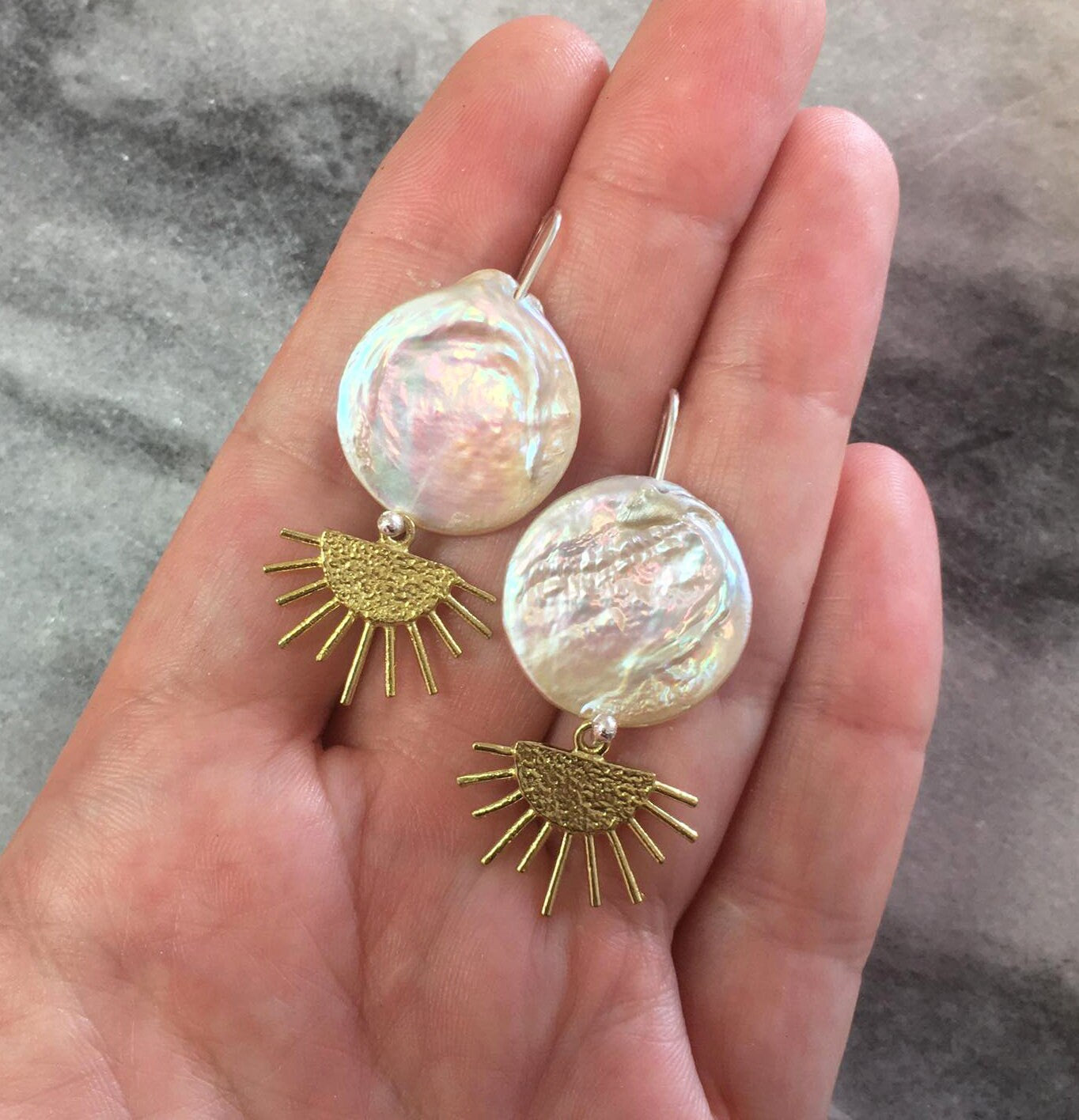 Mica earrings, brass, pearl and silver hooks