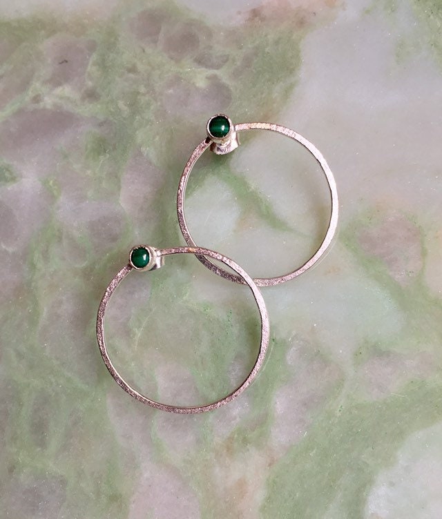 Large sterling silver circle earrings, Malachite