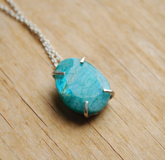 Rose necklace, eco sterling silver green moonstone necklace