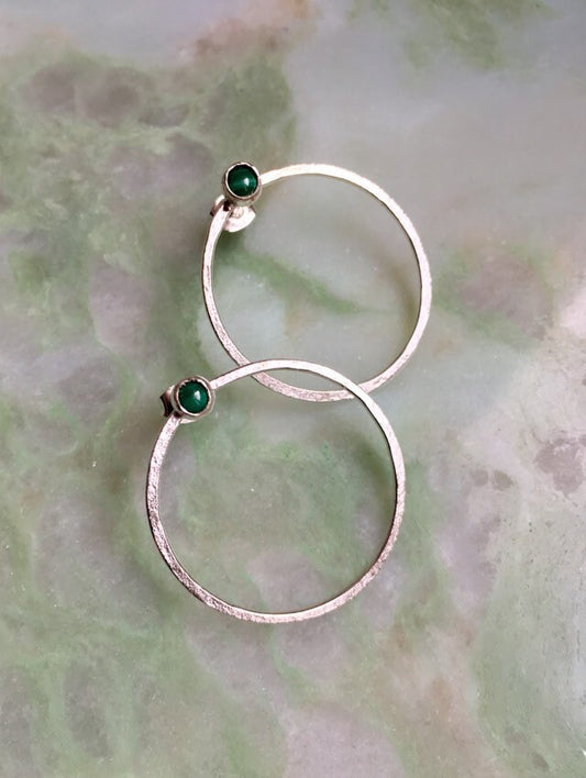 Large sterling silver circle earrings, Malachite