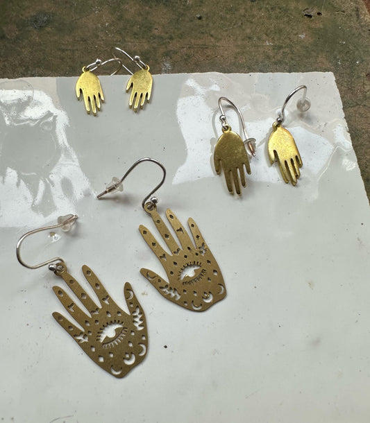 Messing Hand Oorbellen | Occult Oog, Sterling Zilveren Haken