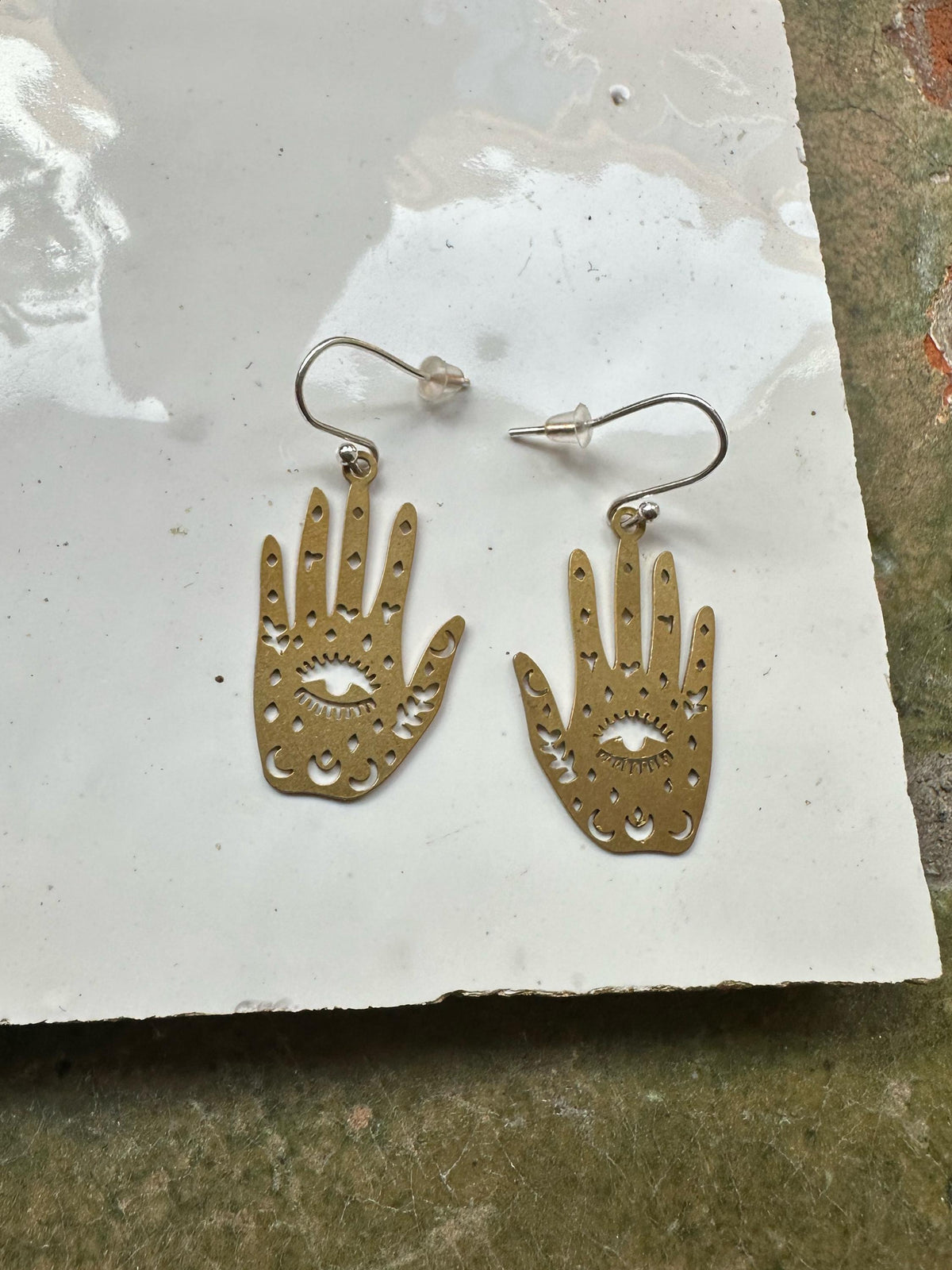 Messing Hand Oorbellen | Occult Oog, Sterling Zilveren Haken